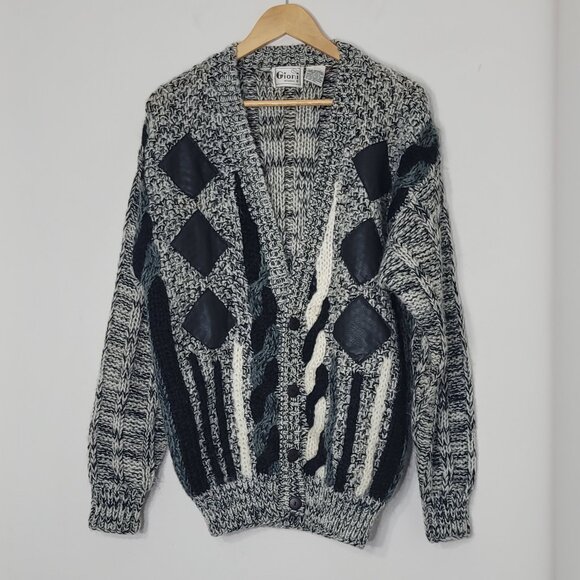 Gioni Designs Vintage Black White V-Neck Cable Knit Cardigan Grandpa Grandma 80s - Picture 8 of 12